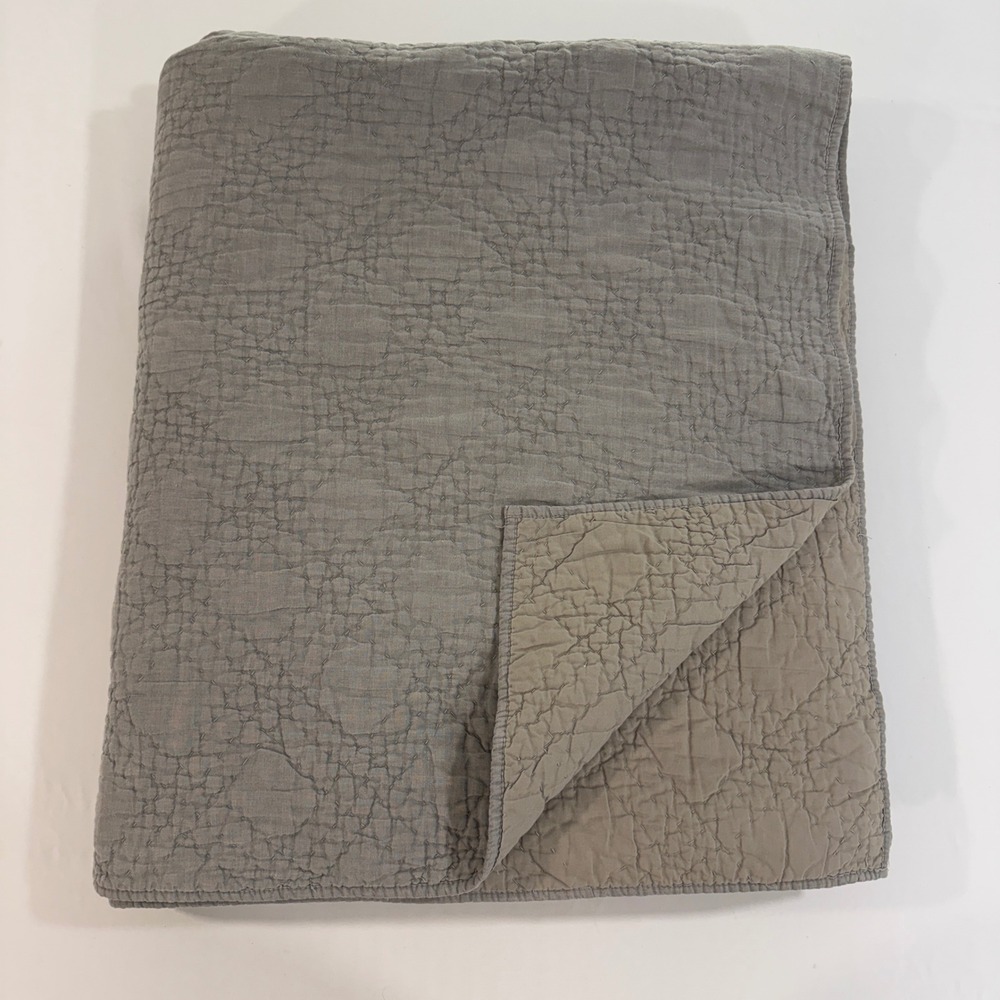 RH Restoration Hardware Linen Cotton Kantha Pick Stitch Quilt King Grey Taupe